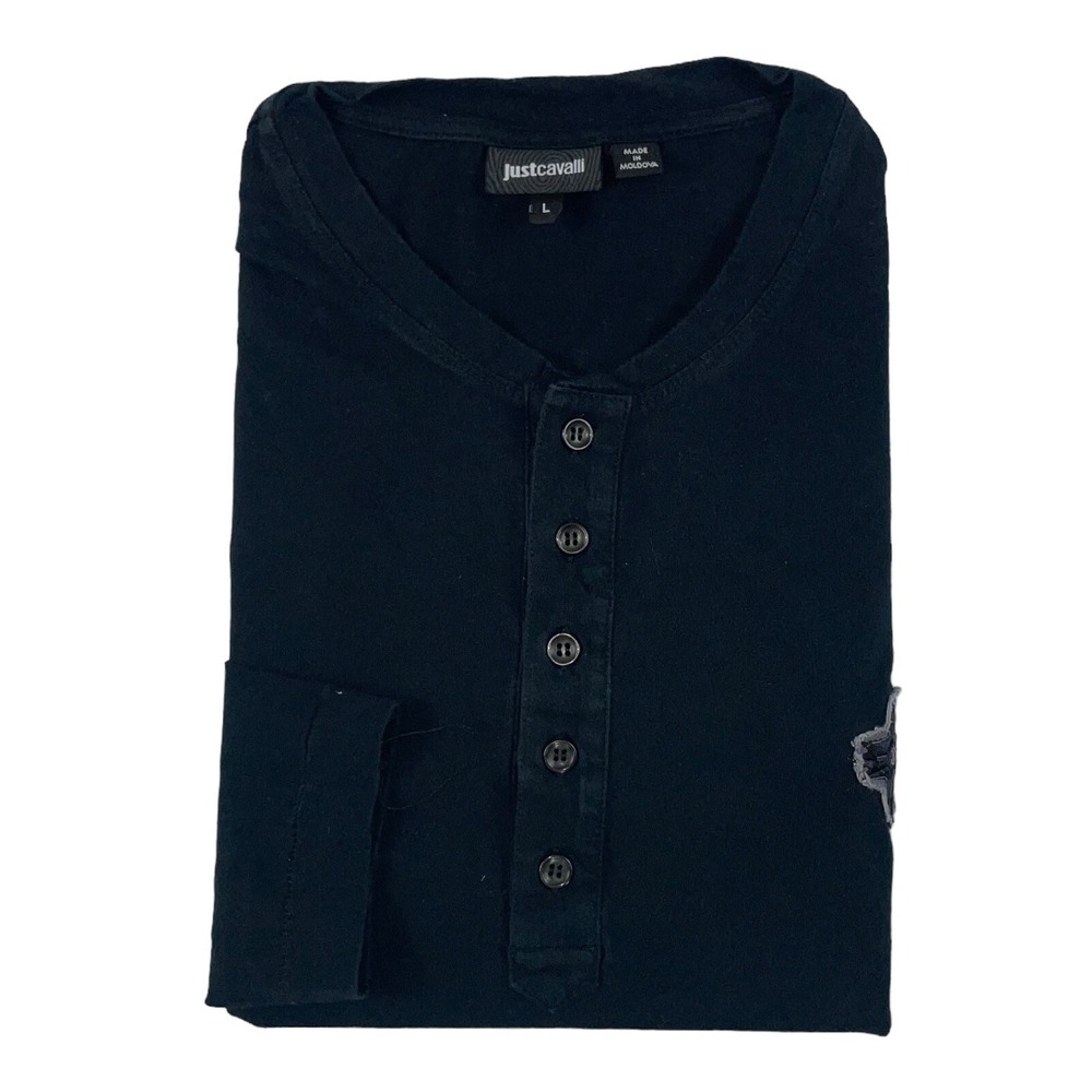 Roberto Cavalli Just Cavalli Black Floral Patch Cotton Henley Size Mens L